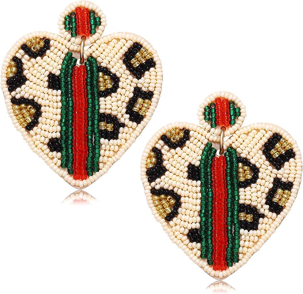 Beaded Dangle Earrings for Women Leopard Pattern Bead Heart Earrings Boho Statement Drop Earring ... | Amazon (US)