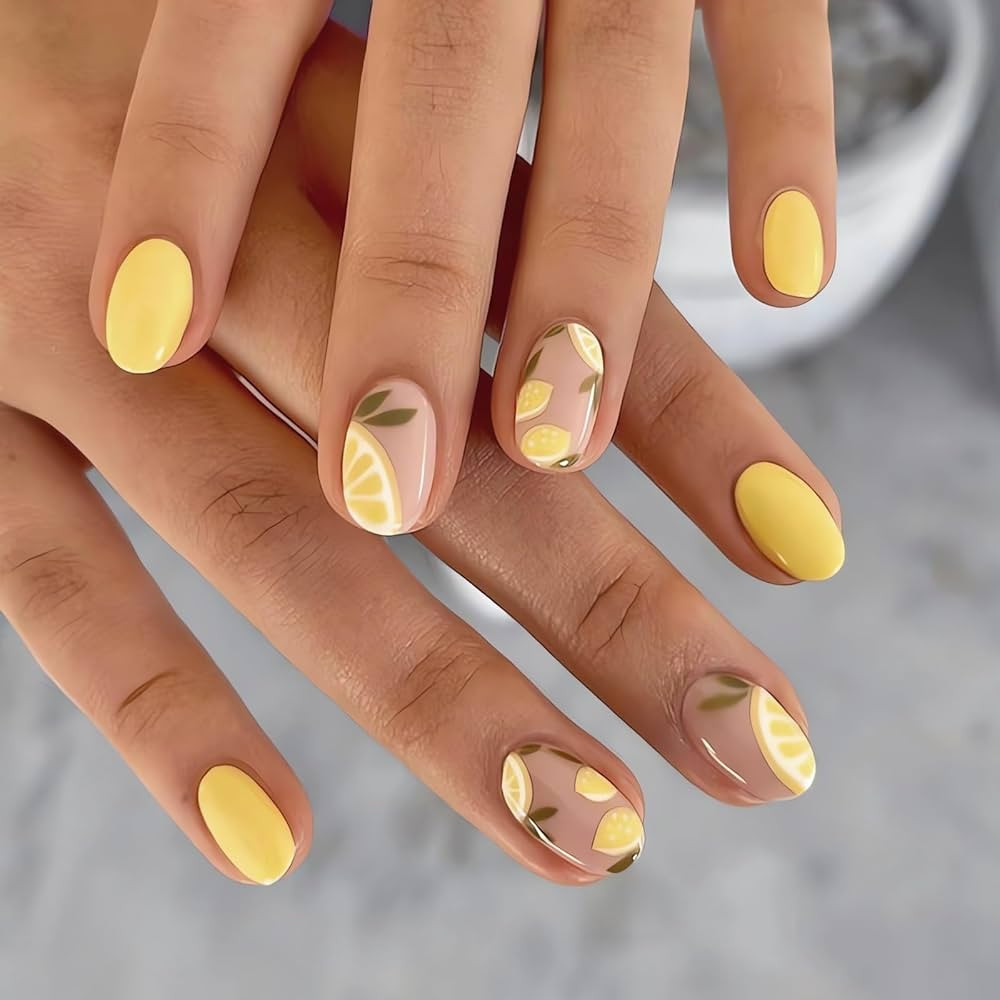 IMSOHOT Yellow Oval Press on Nails Summer Short French Tip Fake Nails Cute Lemon Pattern False Na... | Amazon (US)