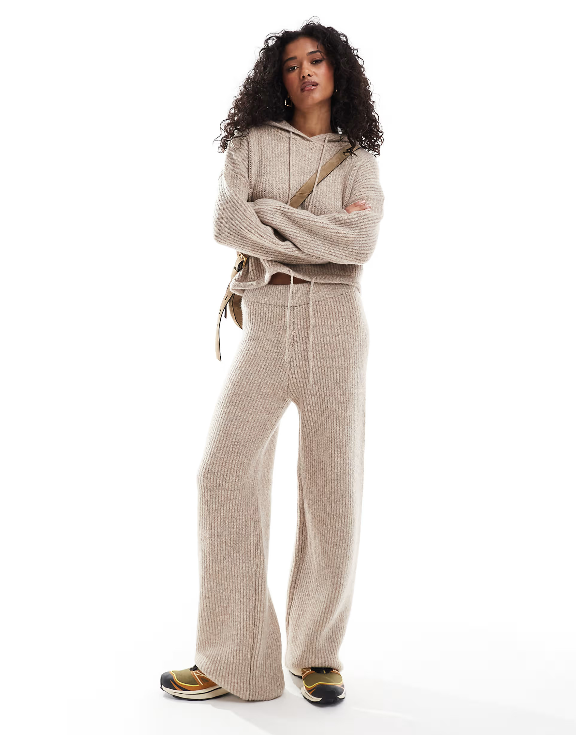 ASOS DESIGN knitted hoodie with drawstring detail & wide leg trouser co-ord in stone | ASOS (Global)