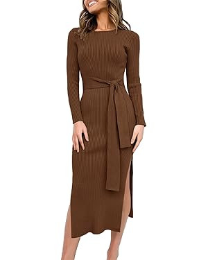 ANRABESS Women's 2023 Fall Elegant Sweater Dress Long Sleeve Crewneck Tie Waist Slim Rib Knit Sli... | Amazon (US)