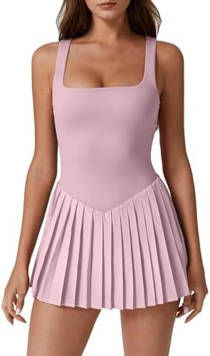 QINSEN Womens Square Neck Tennis Dress Pleated Sleeveless Built in Shorts Golf Athletic Dress wit... | Amazon (US)