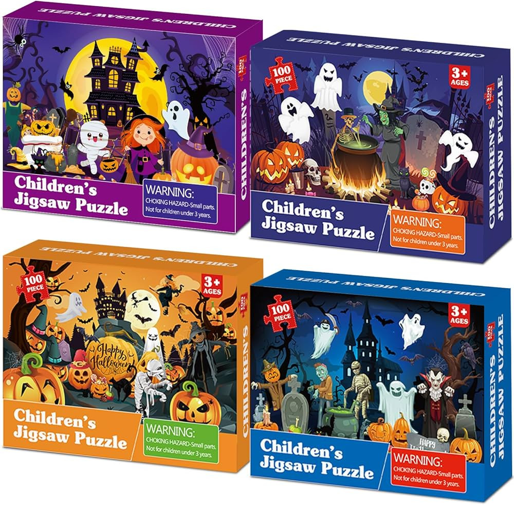 4 Packs 100Pcs Halloween Puzzle for Kids Ages 4-6 Halloween Pumpkin Jigsaw Puzzles for Toddlers 3... | Amazon (US)