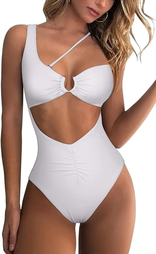 ESONLAR White One Piece Bathing Suit for Women Cut Out Monokini Sexy High Cut Swimsuit XL | Amazon (US)