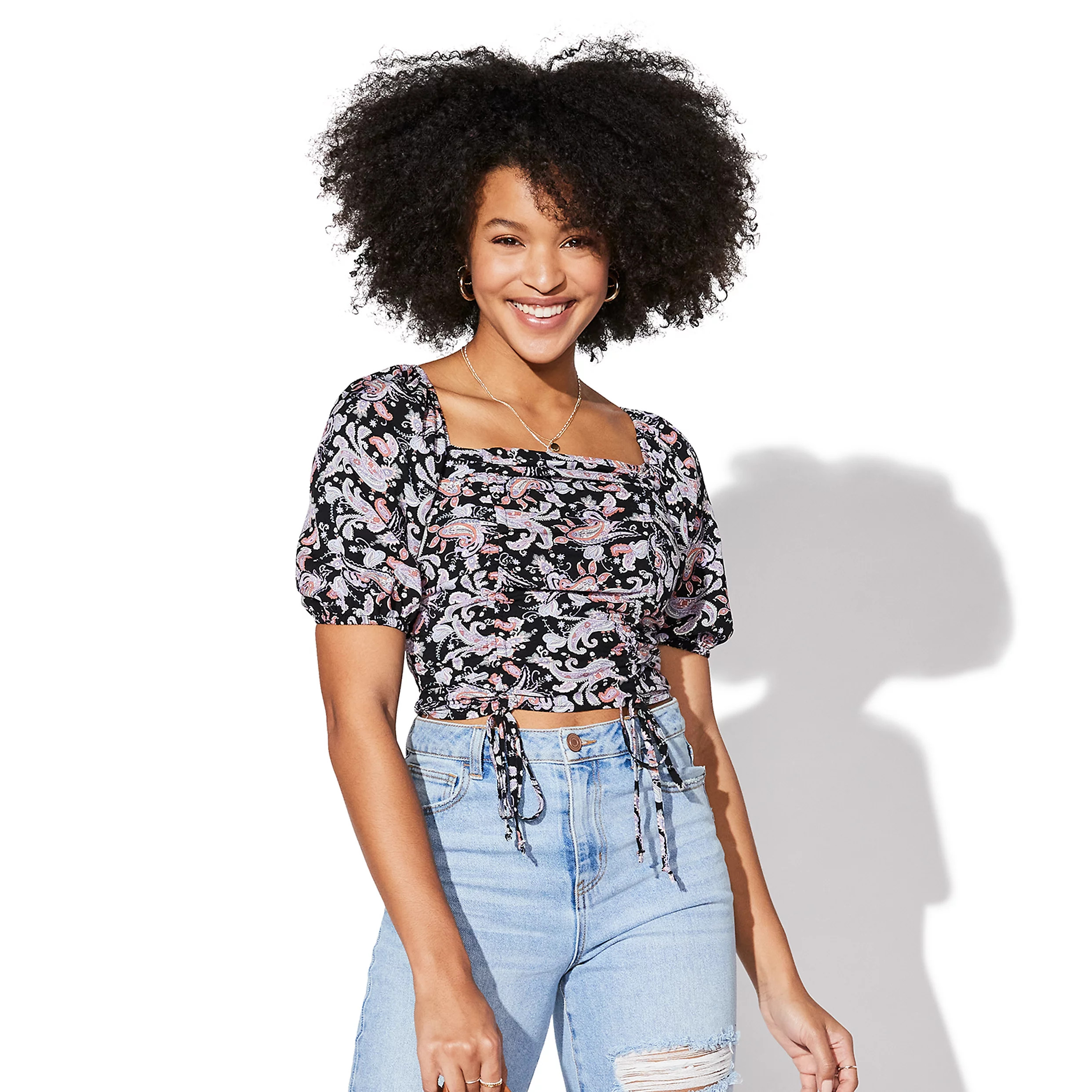 Juniors' Vylette™ Puff Sleeve Ruched Clip Dot Top | Kohl's