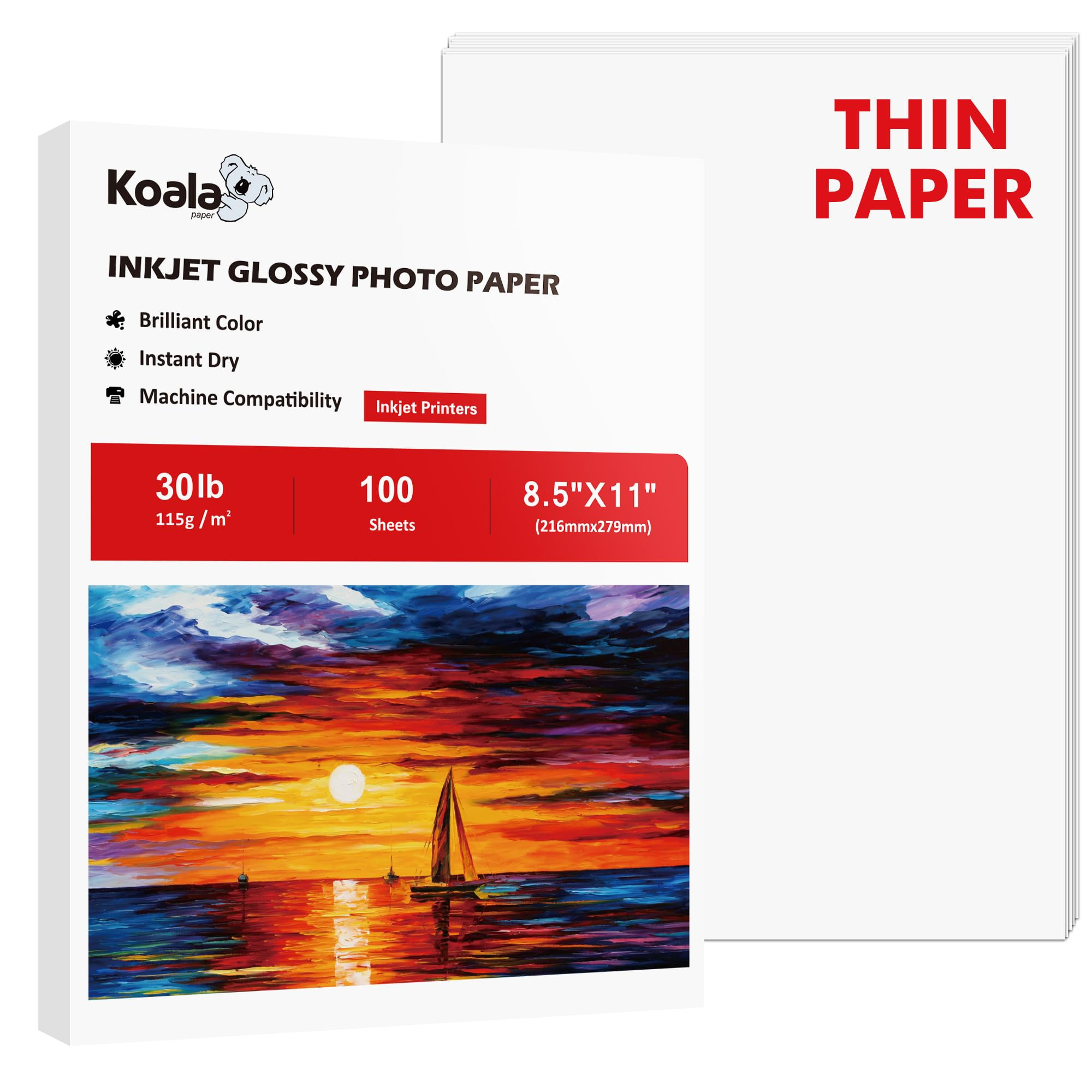 Koala Glossy Thin Inkjet Paper 8.5x11 Inches 100 Sheets Compatible with Inkjet Printer Use DYE IN... | Amazon (US)