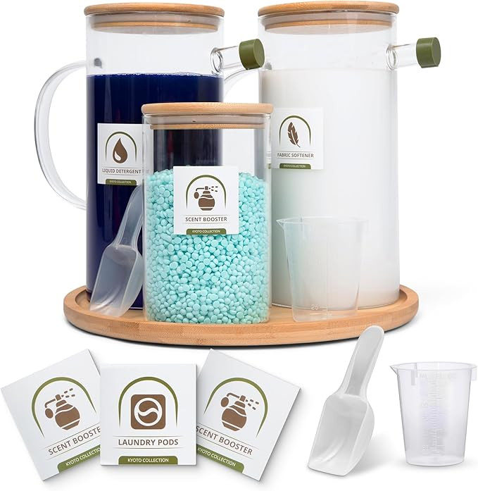 Glass Laundry Detergent Dispenser Set [3-Pack] - 2x 64oz 1x 32oz Liquid Container with Bamboo Lid... | Amazon (US)