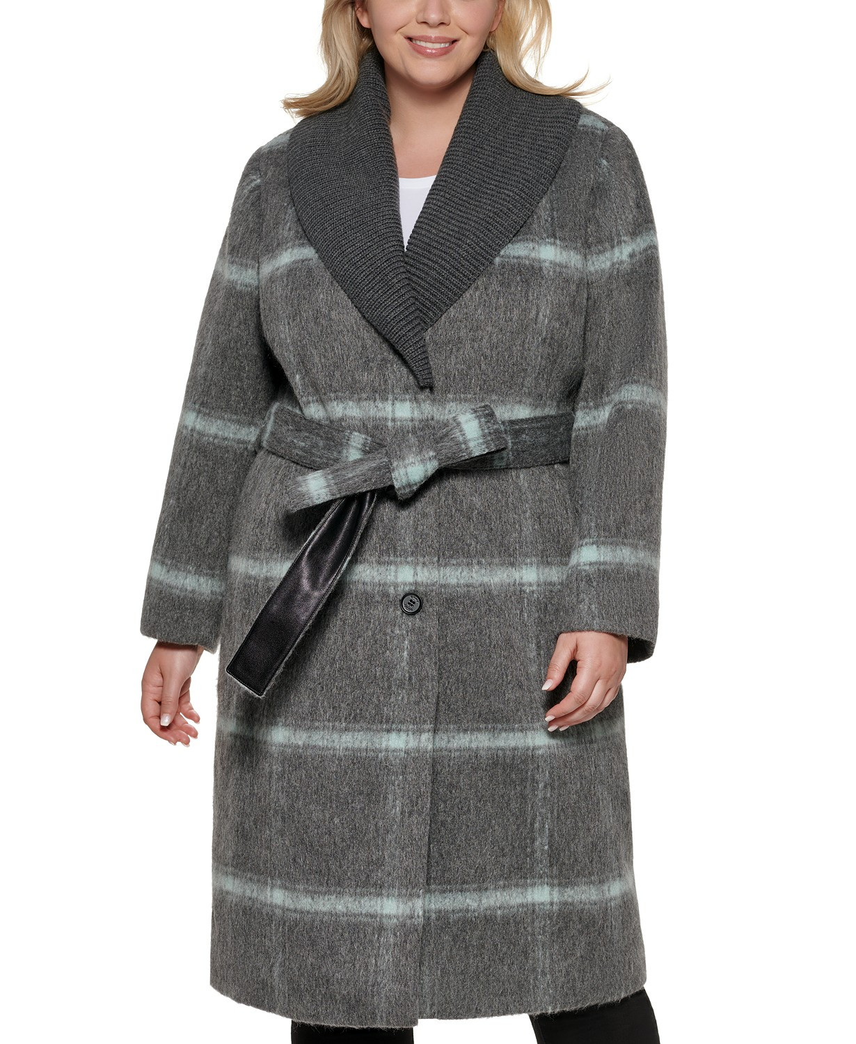 DKNY Plus Size Knit-Collar Belted Wrap Coat & Reviews - Coats & Jackets  - Plus Sizes - Macy's | Macys (US)