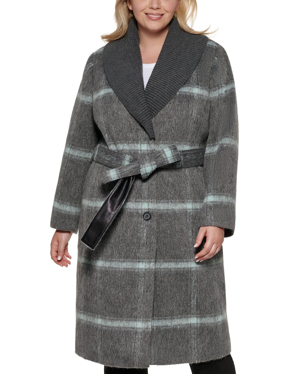 DKNY Plus Size Knit-Collar Belted Wrap Coat & Reviews - Coats & Jackets  - Plus Sizes - Macy's | Macys (US)