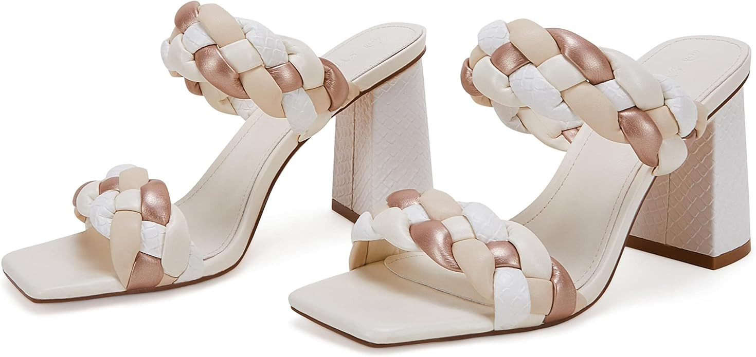 Womens Braided Heeled Sandals Backless Square Open Toe Block Strappy Slip On Slide Shoes | Amazon (US)