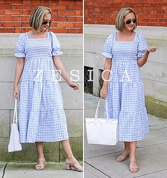 ZESICA Women's 2025 Bohemian Summer Plaid Square Neck Puff Sleeve Ruffle Flowy Beach Midi Dress | Amazon (US)