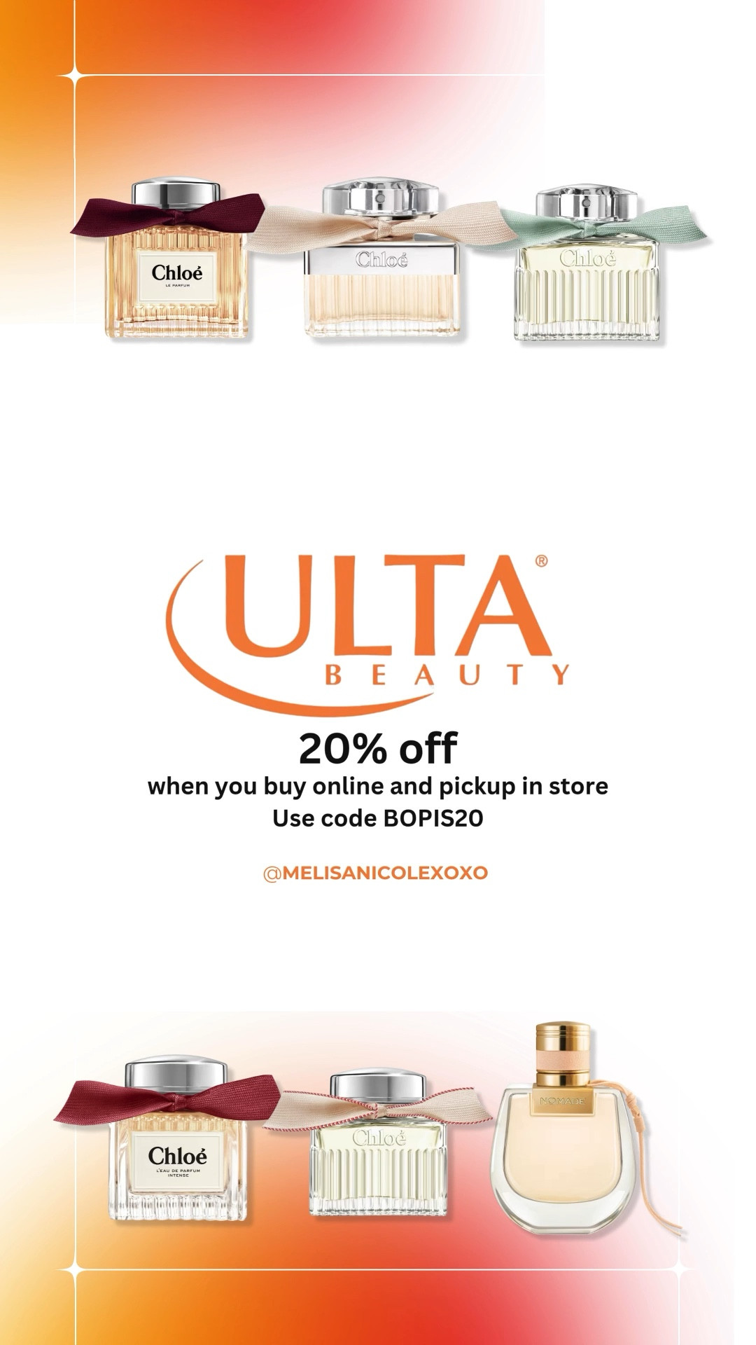 @ULTA Beauty 20% off select Chloe fragrances when you order online, pick up in store with code BOPIS20 now until May 7th. 

#LTKFragrance #LTKPerfume

#LTKMothersDay #LTKBeauty #LTKSaleAlert