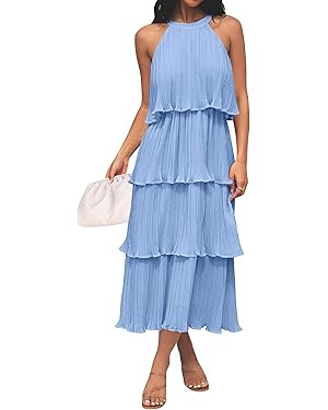 ZESICA Women's 2026 Summer Sleeveless Halter Neck Ruffle Tiered Layed Chiffon Flowy Swing Long Mi... | Amazon (US)