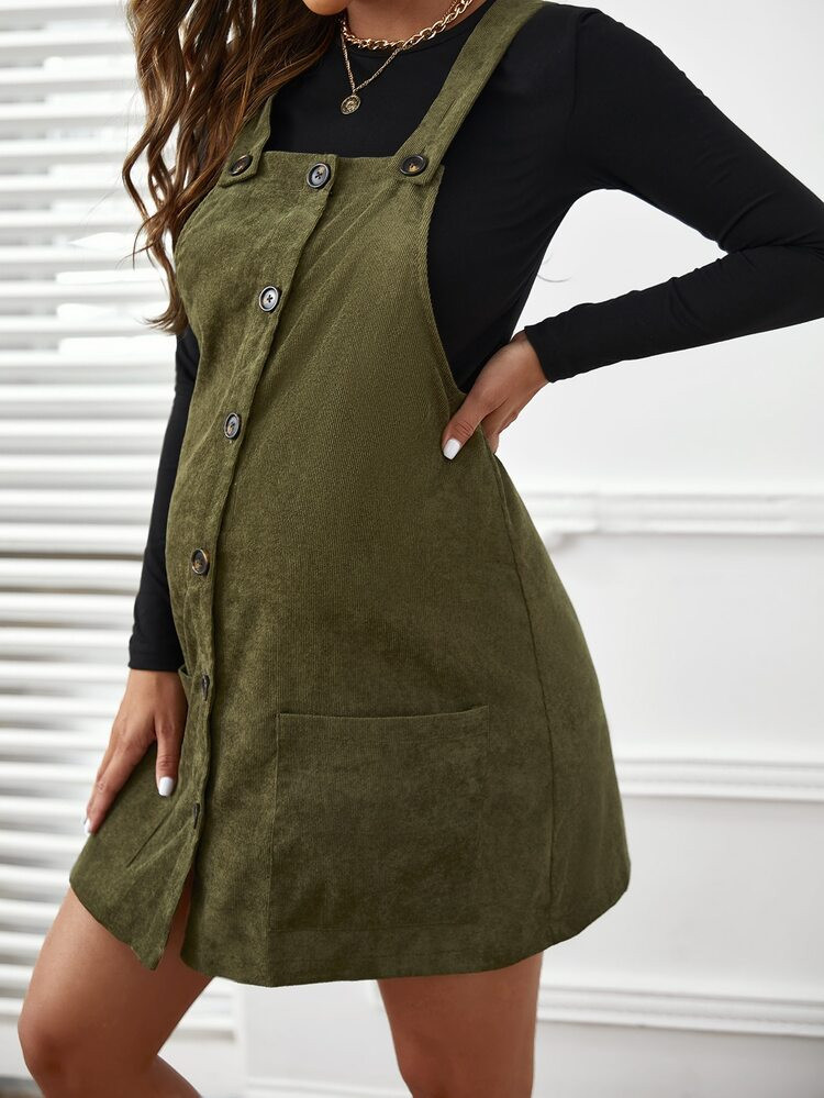 SHEIN Maternity Solid Tee & Button Front Corduroy Overall Dress | SHEIN