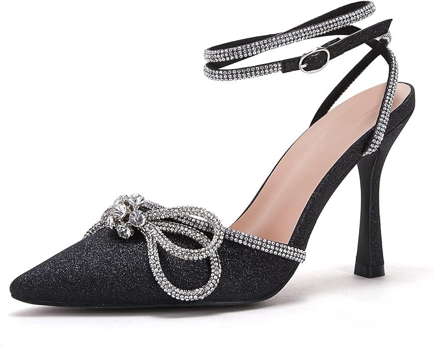 Amazon.com: Black Heels with Bow,Women's Heeled Sandals Sparkling Pointy Toe Stiletto High Heels ... | Amazon (US)