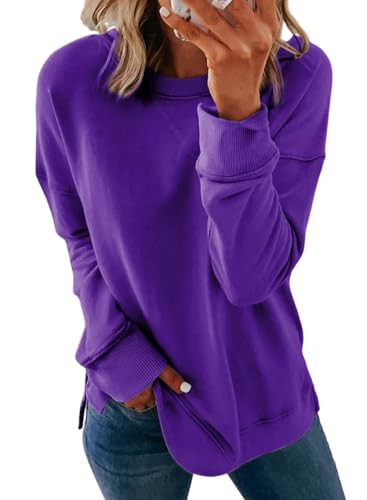 Dokotoo Womens Ladies Casual Long Sleeve Crewneck Sweatshirt Side Split Loose Fit Solid Basic Pullover Tunic Shirts Tops Sweatshirts for Teen Girls 2026 Fashion Fall Tillandsia Purple Medium | Amazon (US)