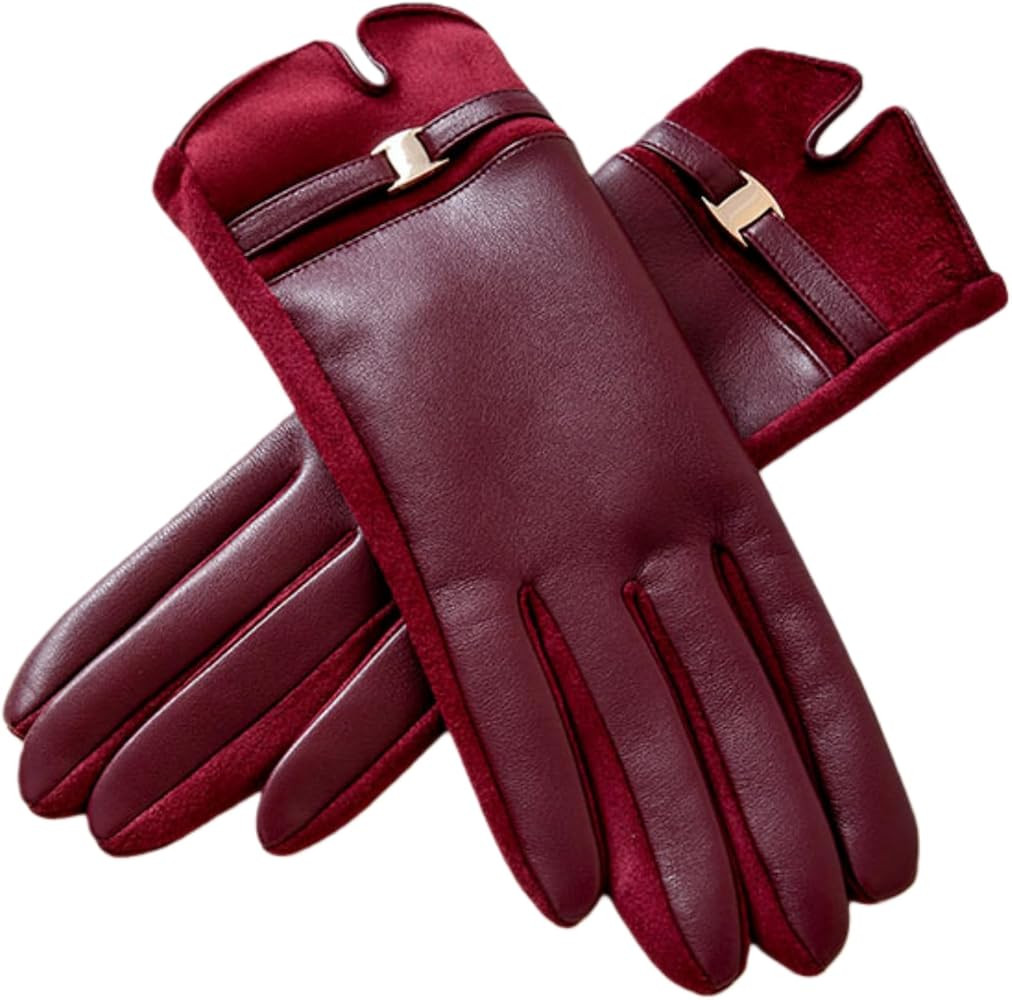 Leather Gloves Women Winter-Warm Thickened, Touchscreen Suede And Pu Combination For Driving, Ful... | Amazon (US)