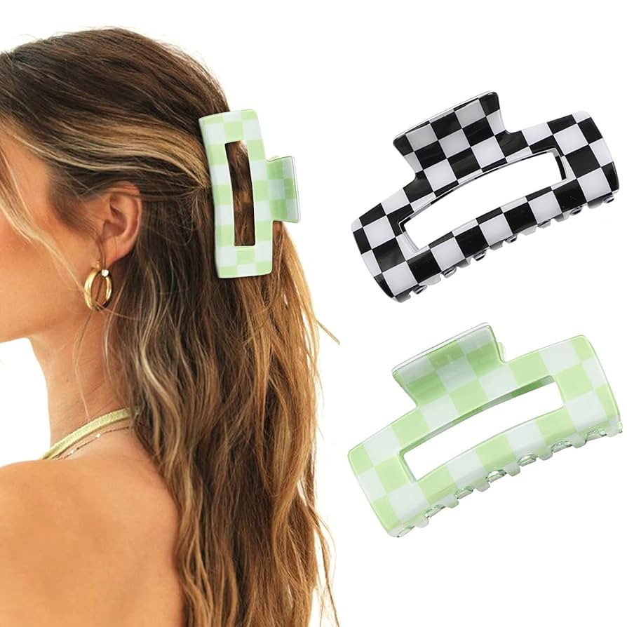 2Pcs Checkered Hair Claw Clips,Rectangle Multicolored Claw Barrettes - Strong Hold Y2K Hair Acces... | Amazon (US)