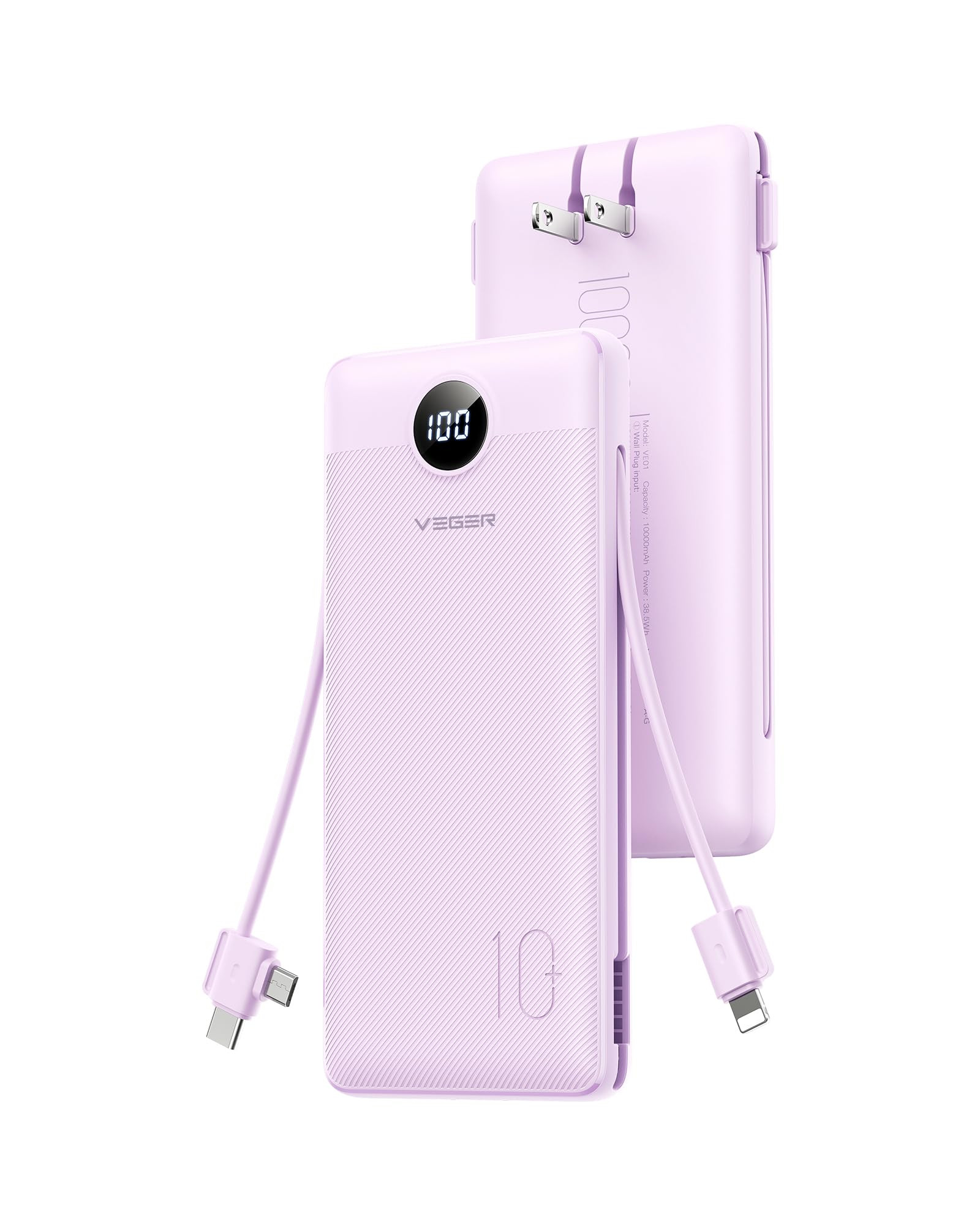 VEGER AC Wall Plug Portable Charger, 10000mah Slim Portable Charger Built in Cables, USB C Power ... | Amazon (US)