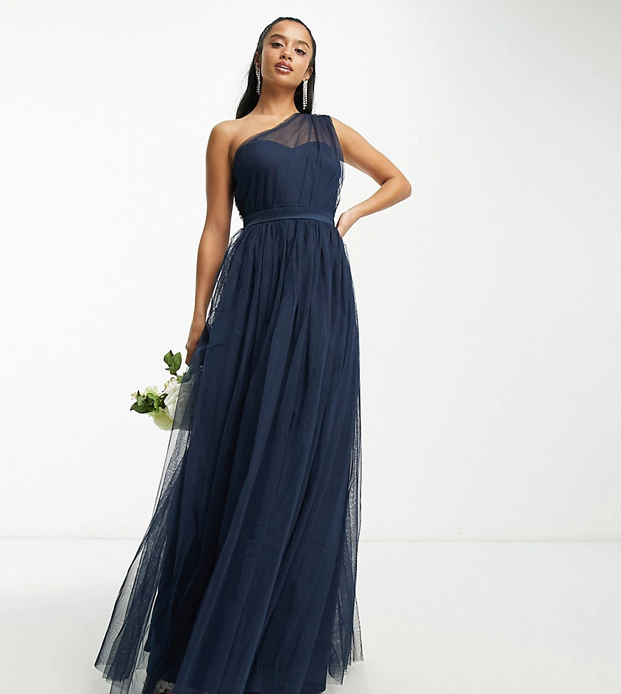Anaya Petite Bridesmaid tulle one shoulder maxi dress in navy | ASOS (Global)
