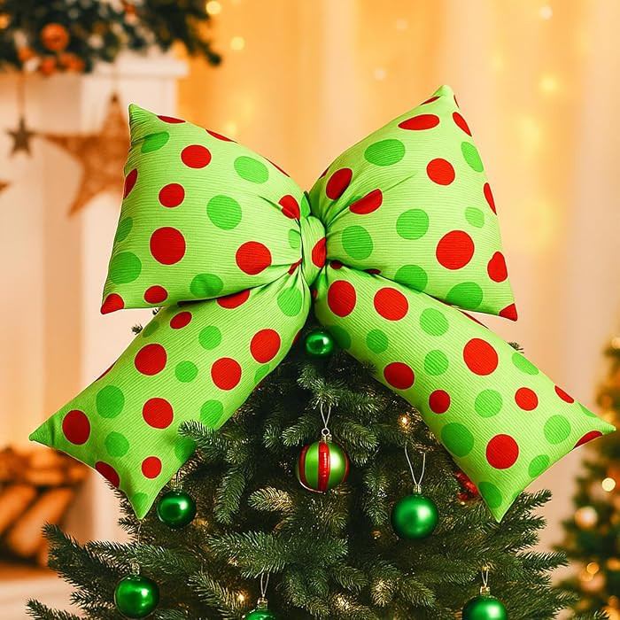16 Inch Large Red Green Christmas Tree Topper Bow Whimsical Tree Topper Decoration Red & Green Po... | Amazon (US)