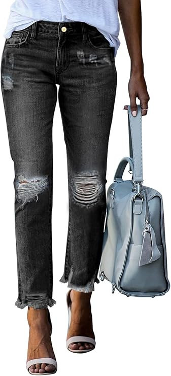 GOSOPIN Women Destroyed Raw Hem Ripped Hole Jeans Patchwork Boyfriend Straight Leg Distressed Ank... | Amazon (US)