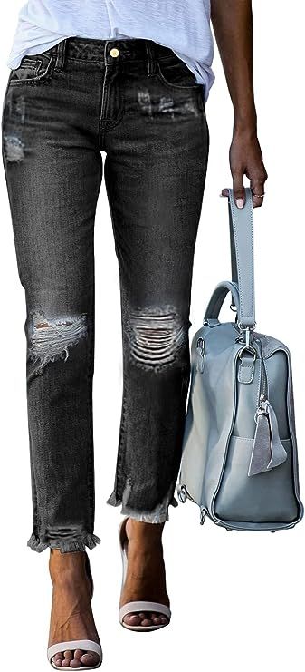 GOSOPIN Women Destroyed Raw Hem Ripped Hole Jeans Patchwork Boyfriend Straight Leg Distressed Ank... | Amazon (US)
