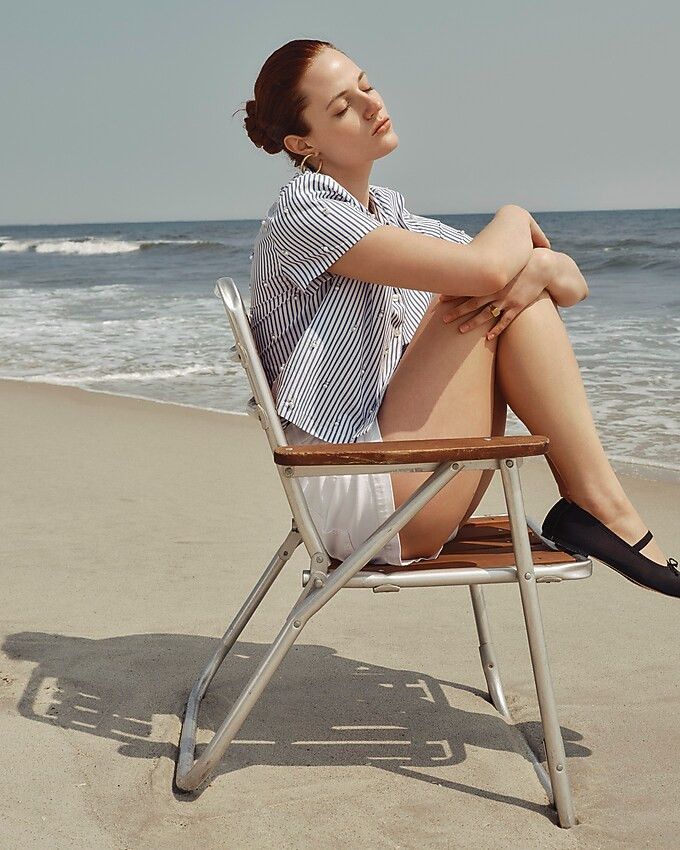 Collection cropped short-sleeve shirt in stripe with pearl details | J. Crew US