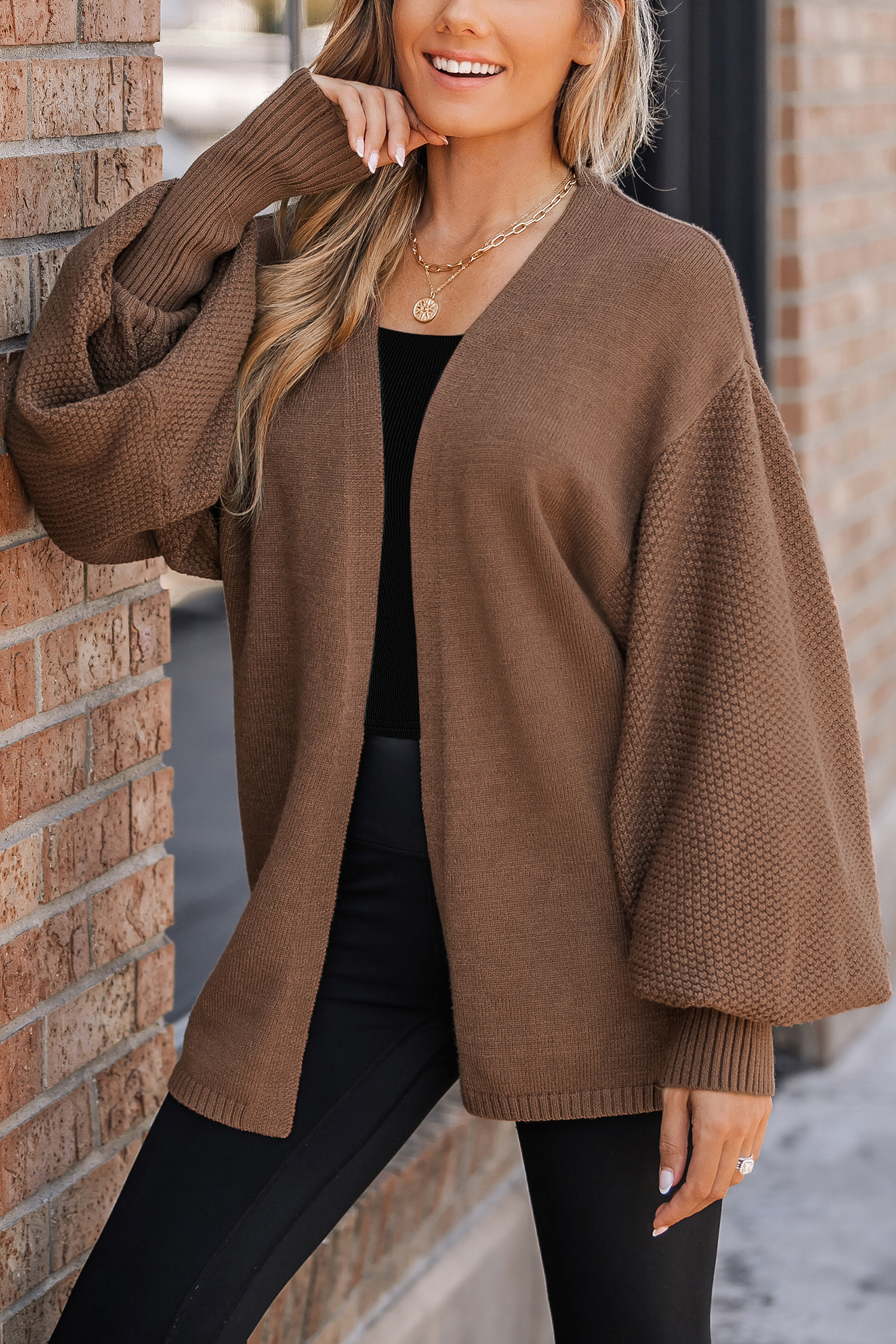 Espresso Open-Knit Gigot Sleeve CardiganNew | Cupshe US