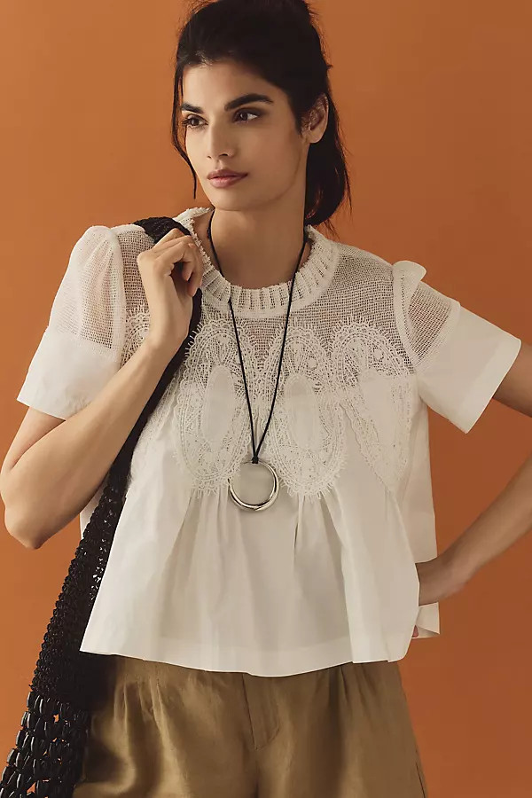 The Iris Short-Sleeve Lace Poplin Blouse by En Elly | Anthropologie (US)
