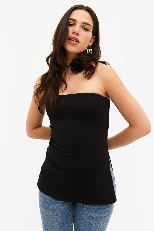 Black asymmetric tube top | Monki