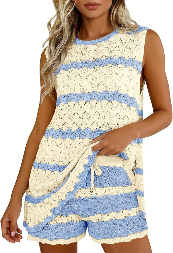 Fisoew Womens Crochet Swimsuit Coverup Sets Sleeveless Tank Tops Drawstring Shorts Sets Summer Be... | Amazon (US)