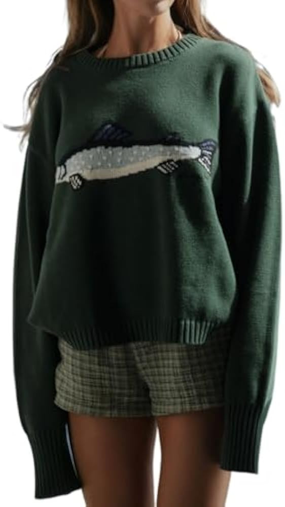 Y2k Fish Graphic Crochet Chunky Sweater Women Vintage Cottagecore Oversized Streetwear | Amazon (US)
