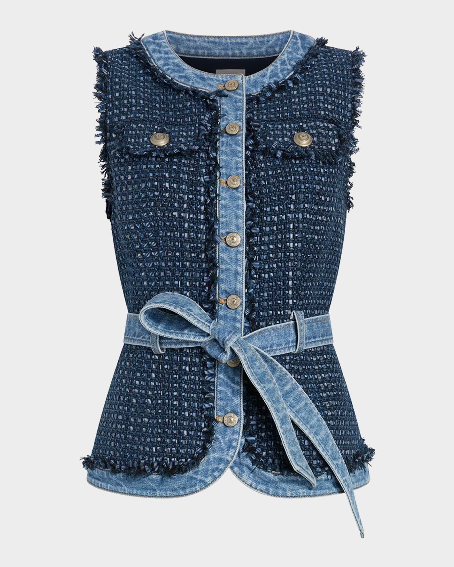 Joans Belted Bouclé Denim Vest | Neiman Marcus