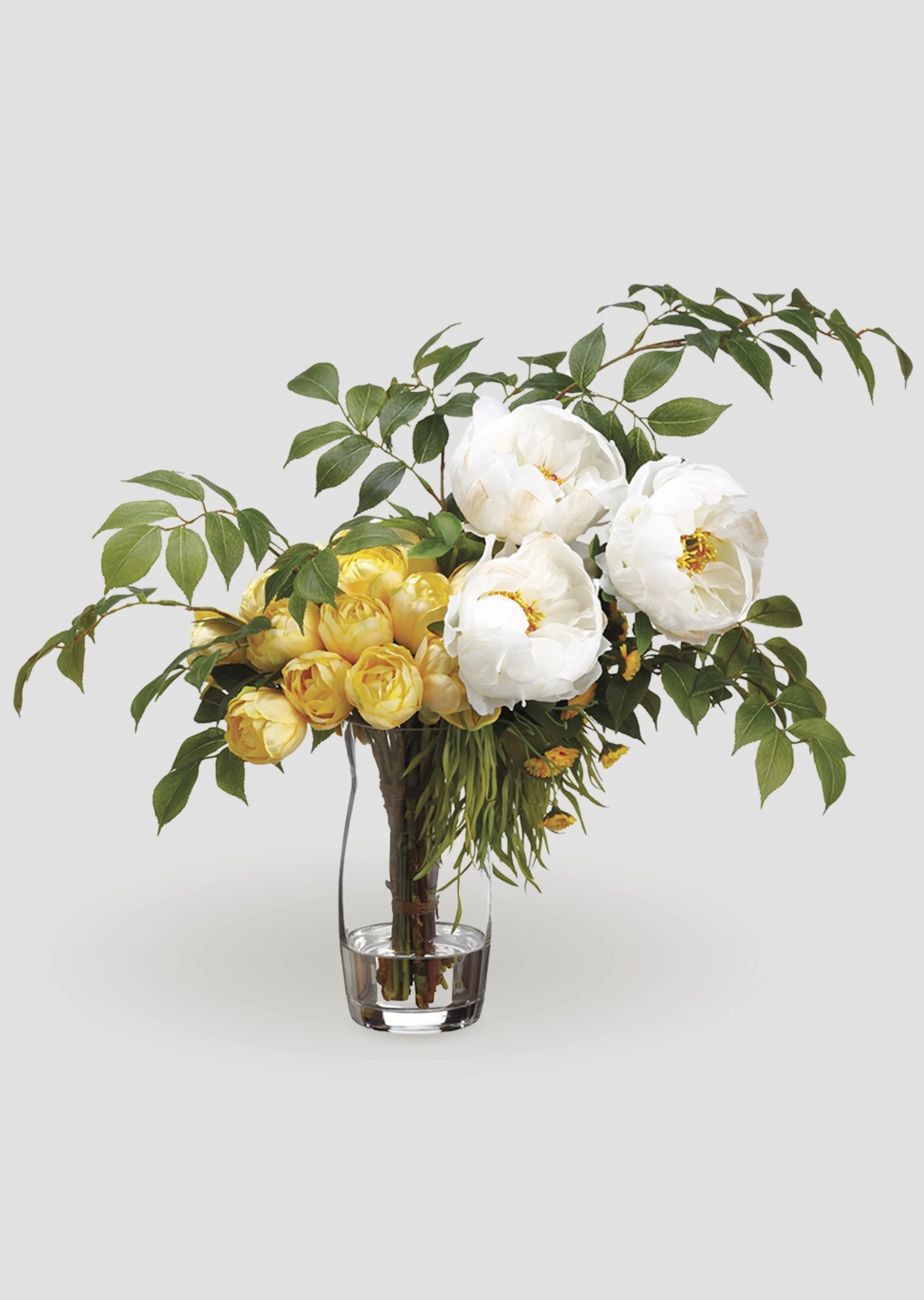 Yellow Faux Tulip and Peony Glass Vase Arrangement - 16" | Afloral