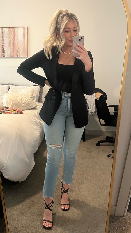 Capsule wardrobe outfit! Perfect for so many occasions. This amazing black blazer is on sale at express! A must have in your closet. Loose fit with a cinched waist to show off your figure. Paired with straight leg madewell jeans, simple bodysuit, and strappy heels to step it up!

#LTKstyletip #LTKsalealert #LTKunder100