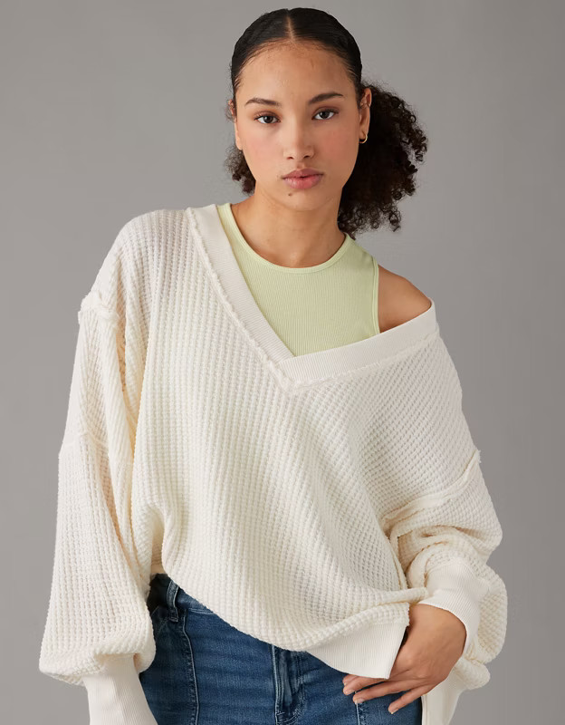 AE Oversized Big Hug Waffle V-Neck Sweatshirt | American Eagle Outfitters (US & CA)