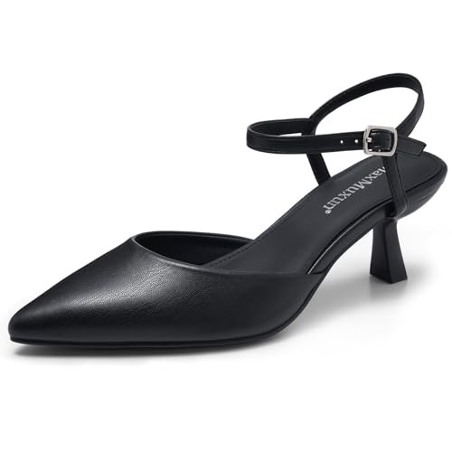 MaxMuxun Kitten Heels for Women Pointed Toe Pumps Ankle Strap Kitten Heels 2.7 Inch Wedding Party Dress Shoes Valentines Day Gifts for Her Black Size 6 | Amazon (US)