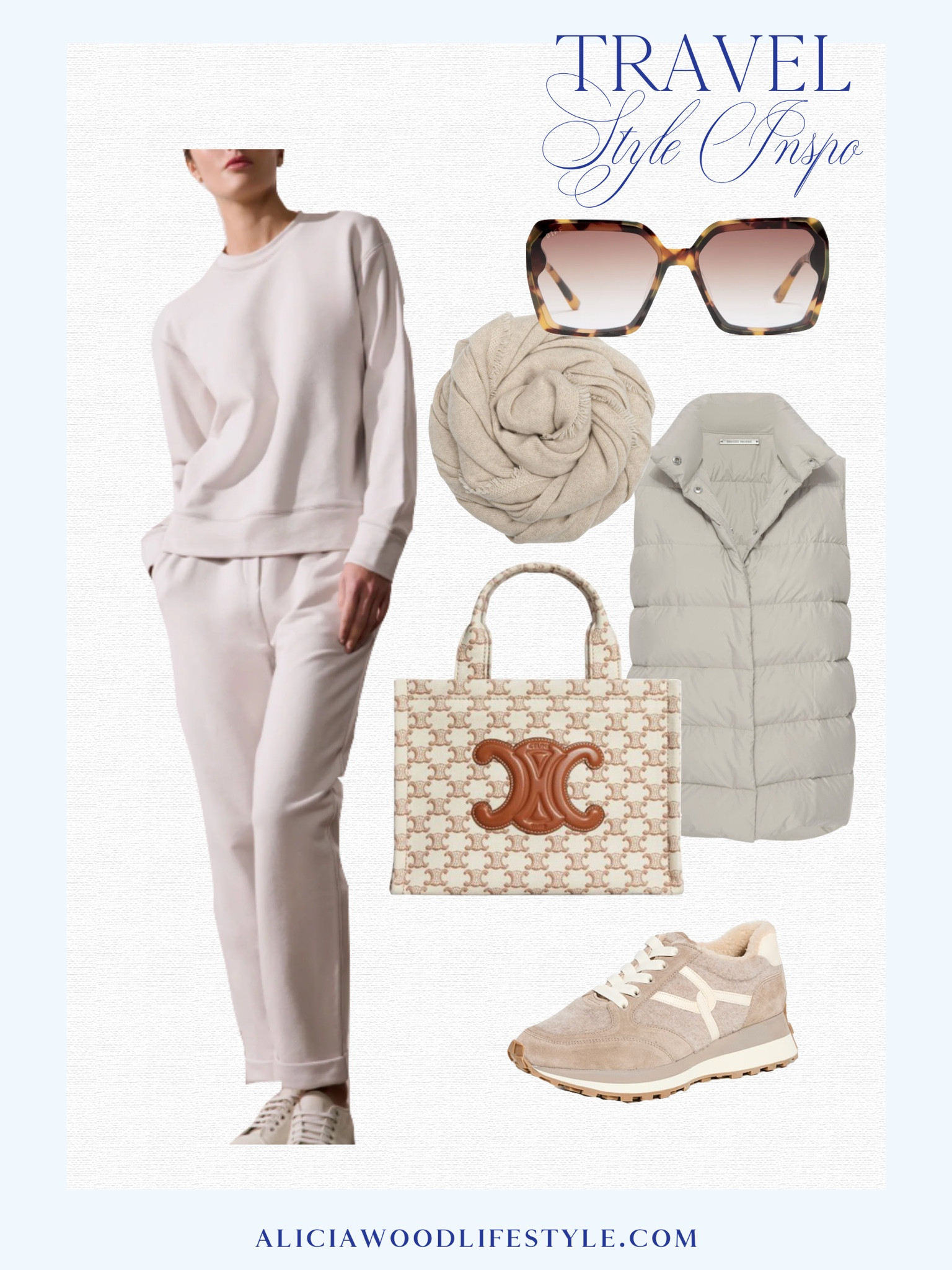 Traveling for Thanksgiving?

Brochu Walker monochromatic  travel set 
Penn Terry pant in stone 
Mallo sweatshirt in stone 
Cashmere fringe wrap 
Anders down vest in stone
Veronica beard Valentina sneaker 
Celine mini tote 
Tortoise sunglasses 

#LTKHoliday #LTKStyleTip #LTKTravel