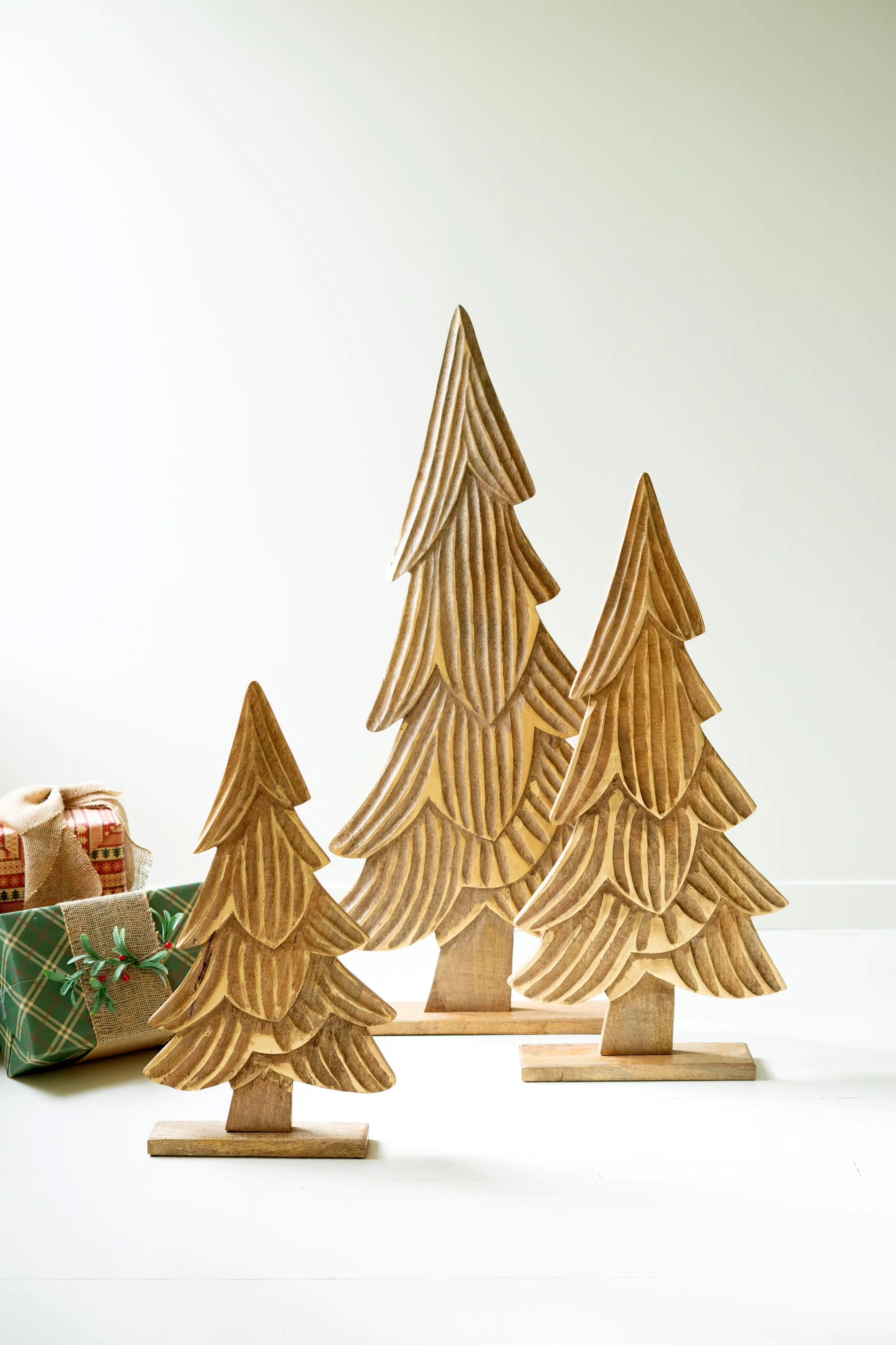 Set of Three Carved Wooden Christmas Trees on Bases - Natural With Gold Detail | Wayfair North America