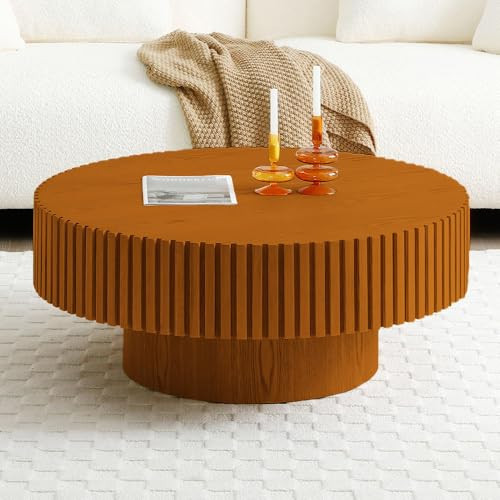 Light Brown Round Coffee Table Wood Drum Coffee Table Mid Century Modern Coffee Table Circular Coffee Table Circle Pedestal Coffee Table Rustic Coffee Table for Farmhouse Living Room (Wood) | Amazon (US)