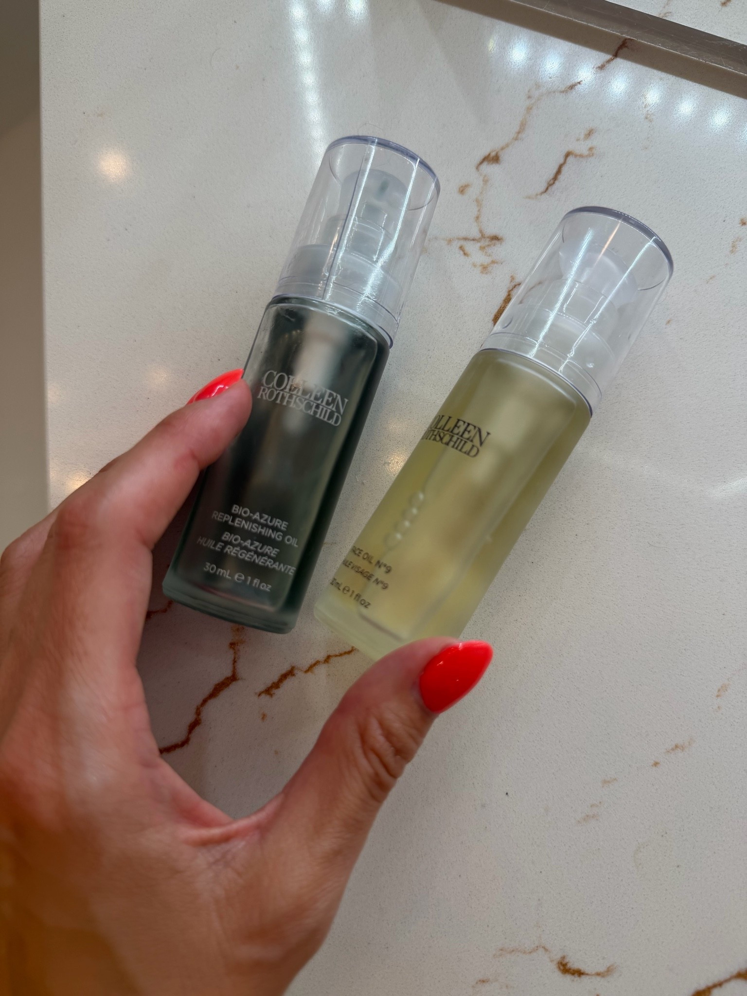 My favorite facial oils, the blue one I use whenever I have anything going on with my skin: redness, dryness, irritation. It’s a great replenishing oil, face oil number nine is great for every day super hydrating, and it does not sit on your skin. ￼

#LTKOver40 #LTKSaleAlert #LTKBeauty