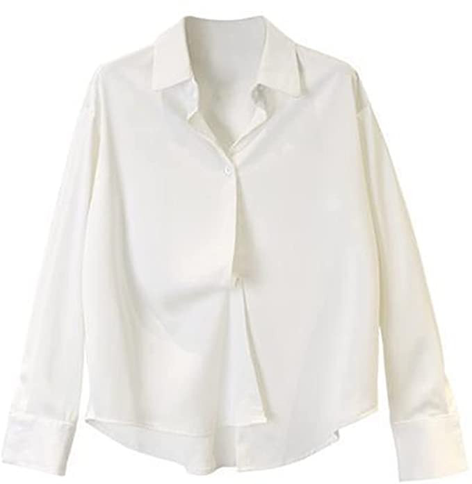 ZZSRJ Satin Loose Shirt Women's Spring and Autumn Silver Gray Commuter Shirt (Color : White, Size... | Amazon (US)