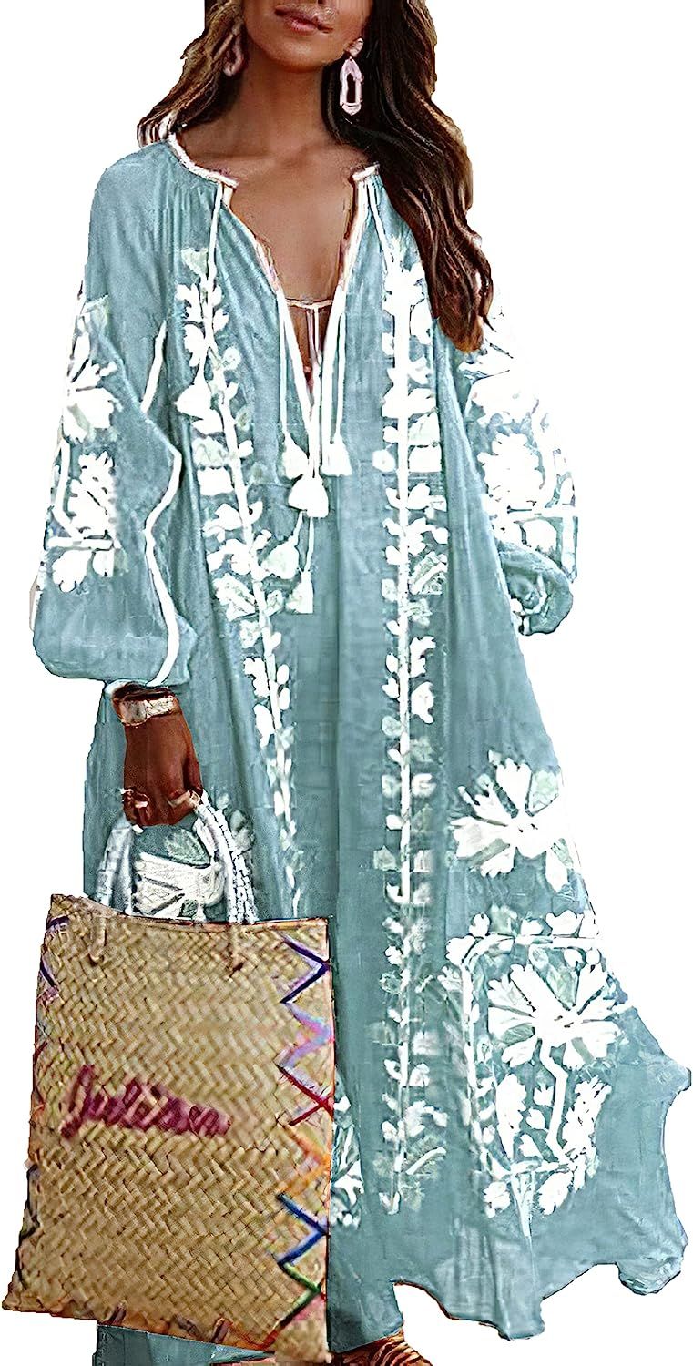 Boho Dress for Women, Bohemian Long Sleeve Print Floral V Neck Maxi Dress for Women Casual Spring... | Amazon (US)