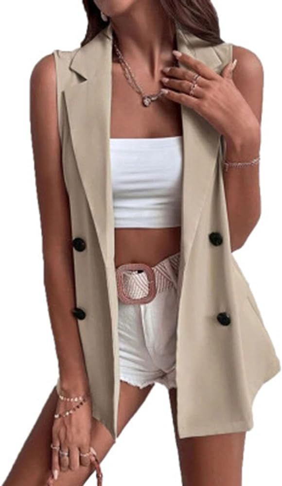 Women's Sleeveless Open Front Cardigan Vest Casual Double Breasted Vest Blazer Jacket with Pocket... | Amazon (US)