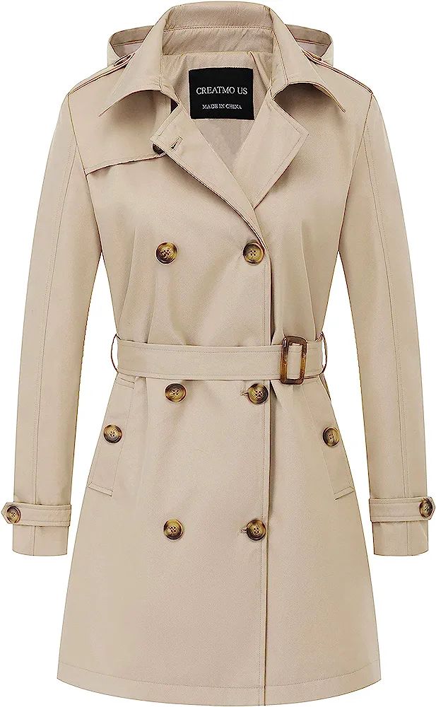 CREATMO US Women's Trench Coat Double-Breasted Classic Lapel Overcoat Belted Slim Outerwear Coat ... | Amazon (US)