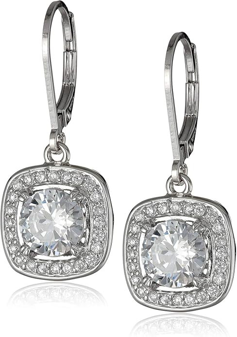 Amazon Collection Sterling Silver Cubic Zirconia Round-Cut Halo Drop Leverback Earrings (3 cttw) | Amazon (US)