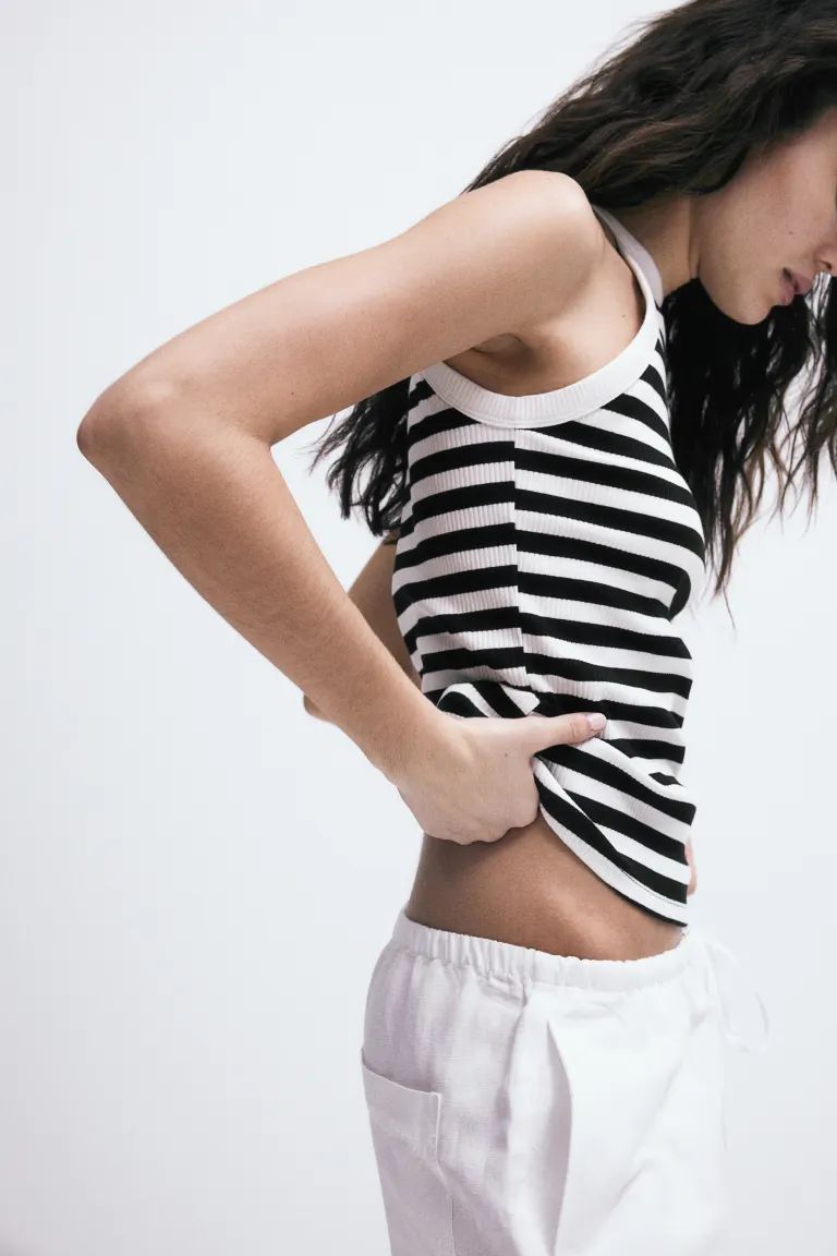 Ribbed Tank Top - Round Neck - Sleeveless - White/black striped - Ladies | H&M US | H&M (US + CA)