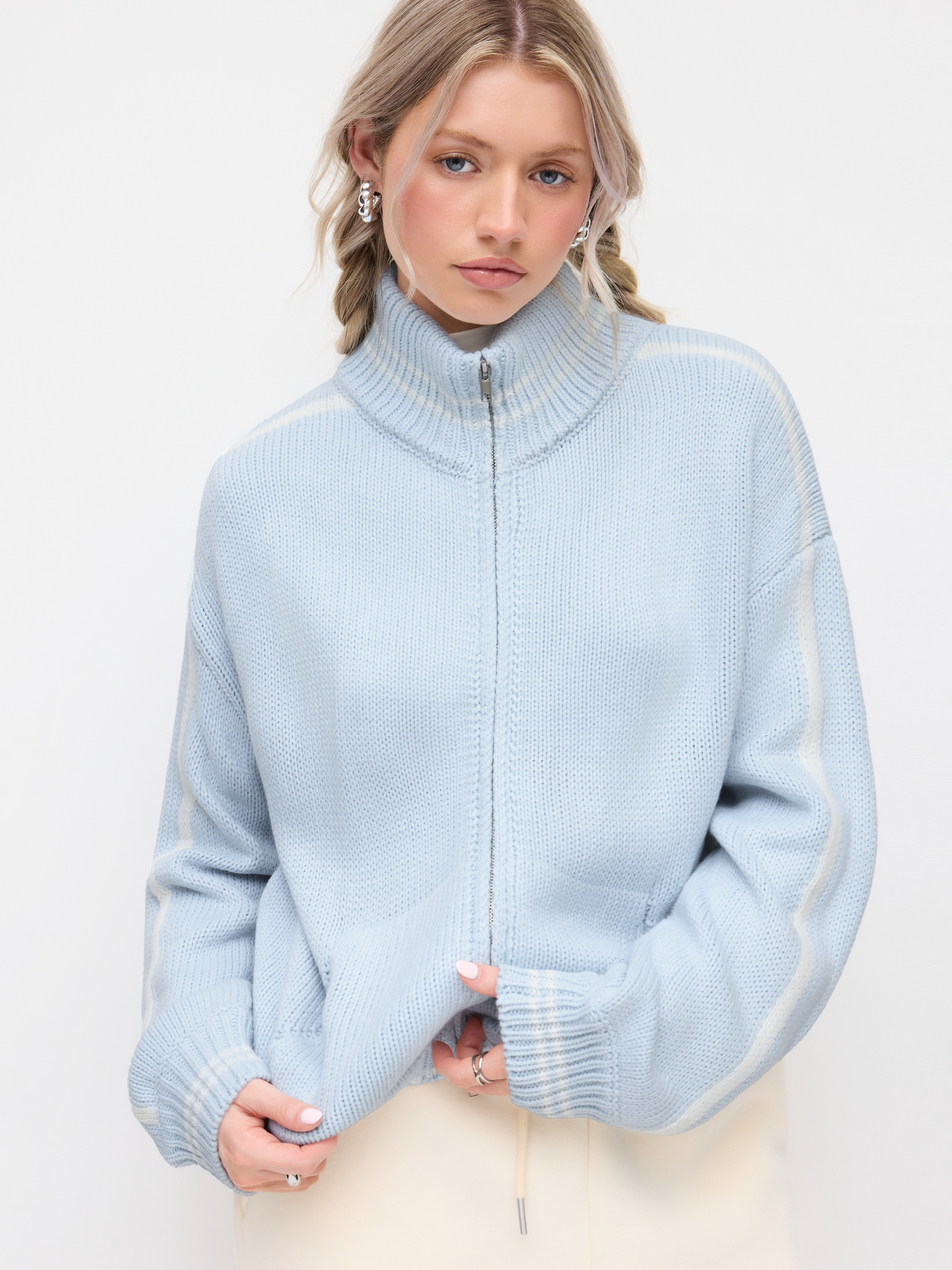 Knit Fabric Knit Stand Collar Long Sleeve Side Stripe Cardigan For Daily Casual | Cider