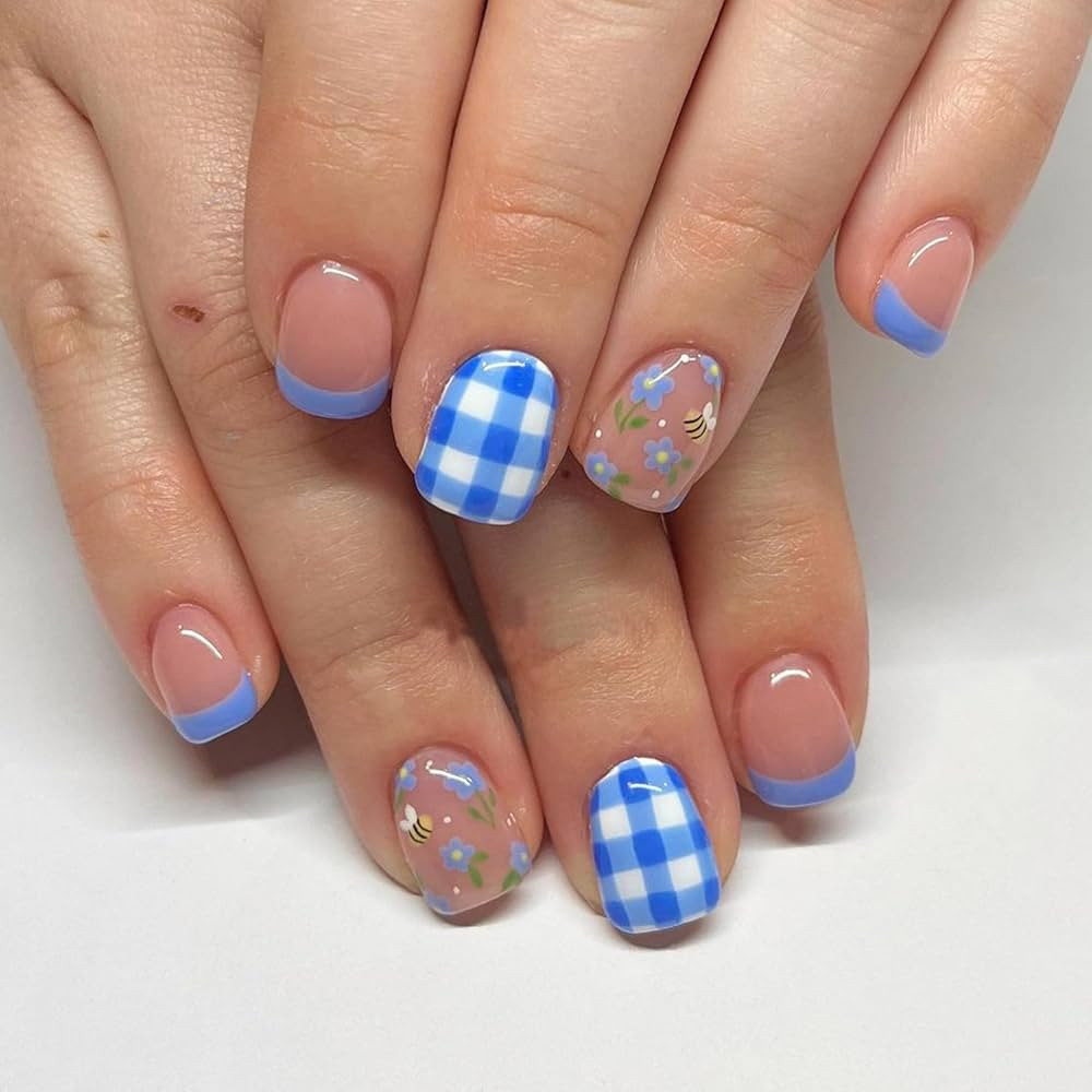 Cute Press on Nails Square Fake Nails with Bee and Flower Designs Stick on Nails Full Cover Blue ... | Amazon (US)