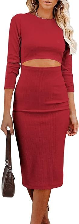 PRETTYGARDEN Women's Long Sleeve Midi Bodycon Dresses Casual Crewneck Cut Out Solid Color Fitted ... | Amazon (US)